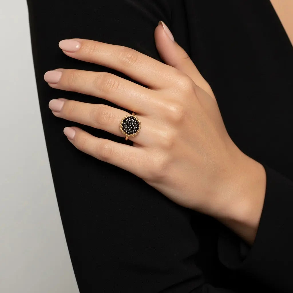 Esin Akan Dance of Stamens Medium Ring in Gold Plate with Black Spinel
