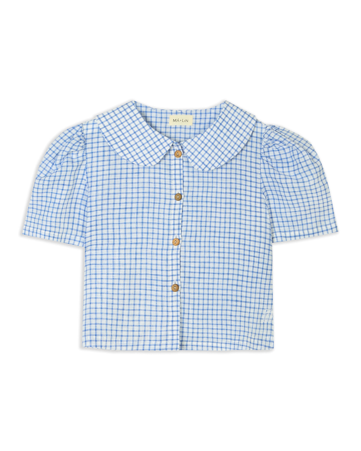Má + Lin Frances Linen Cropped Blouse - Royal Blue Gingham