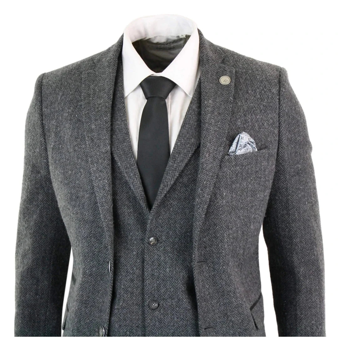 Men's Grey Black Herringbone Wool Tweed 3 Piece Suit