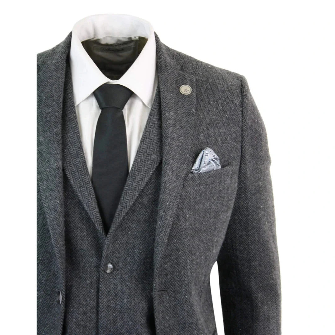 Men's Grey Black Herringbone Wool Tweed 3 Piece Suit