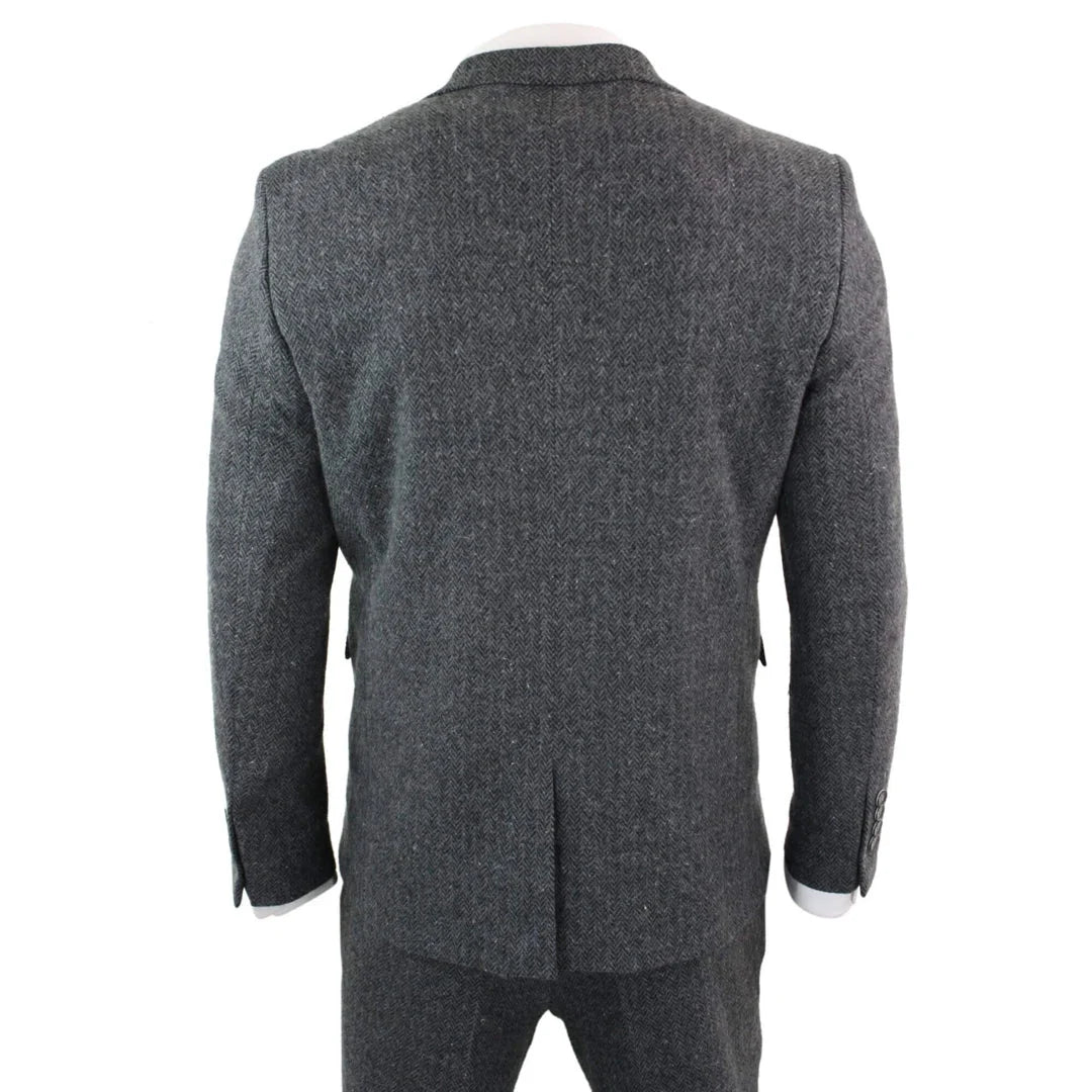 Men's Grey Black Herringbone Wool Tweed 3 Piece Suit