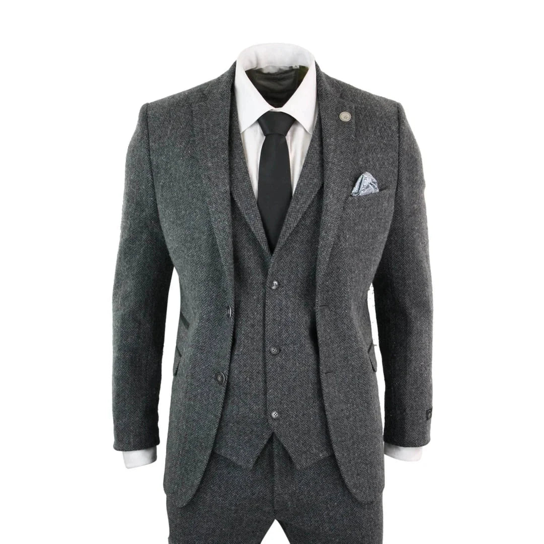 Men's Grey Black Herringbone Wool Tweed 3 Piece Suit
