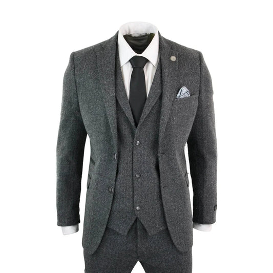 Men's Grey Black Herringbone Wool Tweed 3 Piece Suit