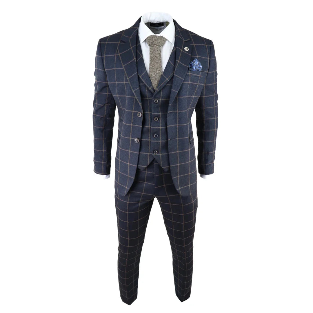 Men's Herringbone Tweed Navy Check 3 Piece Wool Suit