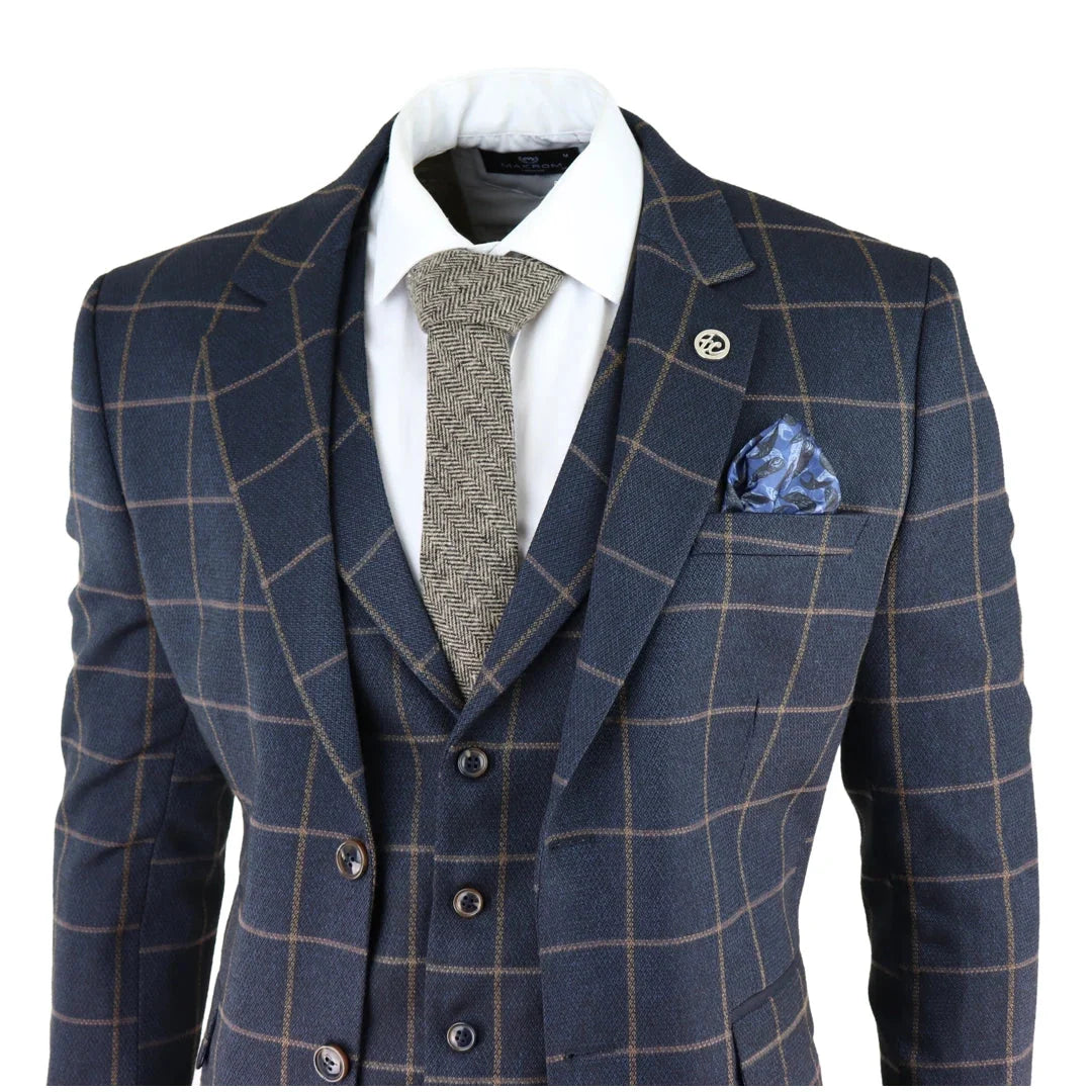 Men's Herringbone Tweed Navy Check 3 Piece Wool Suit