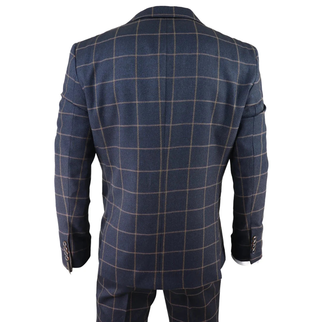Men's Herringbone Tweed Navy Check 3 Piece Wool Suit