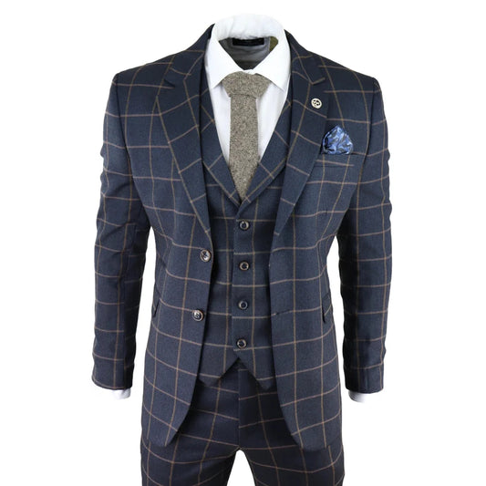 Men's Herringbone Tweed Navy Check 3 Piece Wool Suit