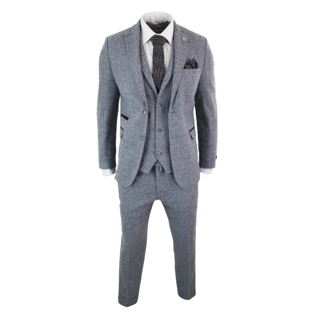 Men's Light Grey Herringbone Wool Tweed 3 Piece Suit