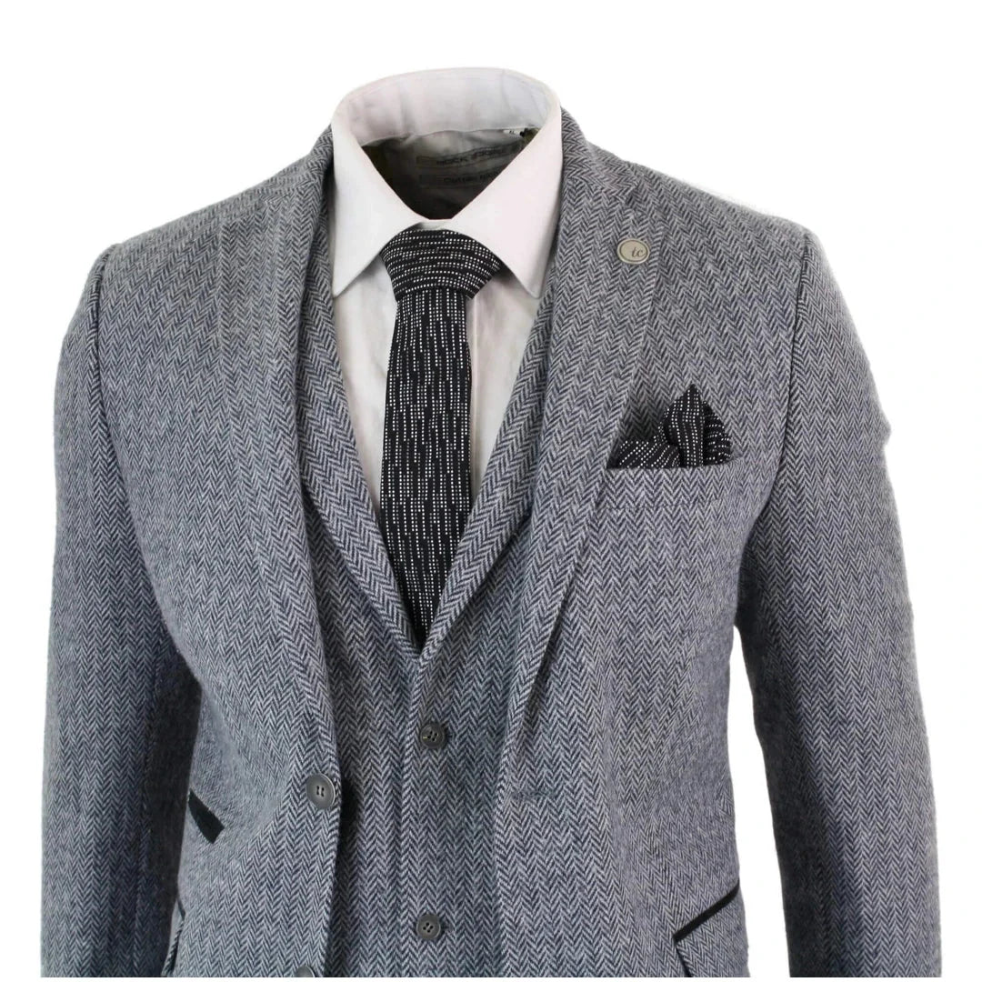 Men's Light Grey Herringbone Wool Tweed 3 Piece Suit