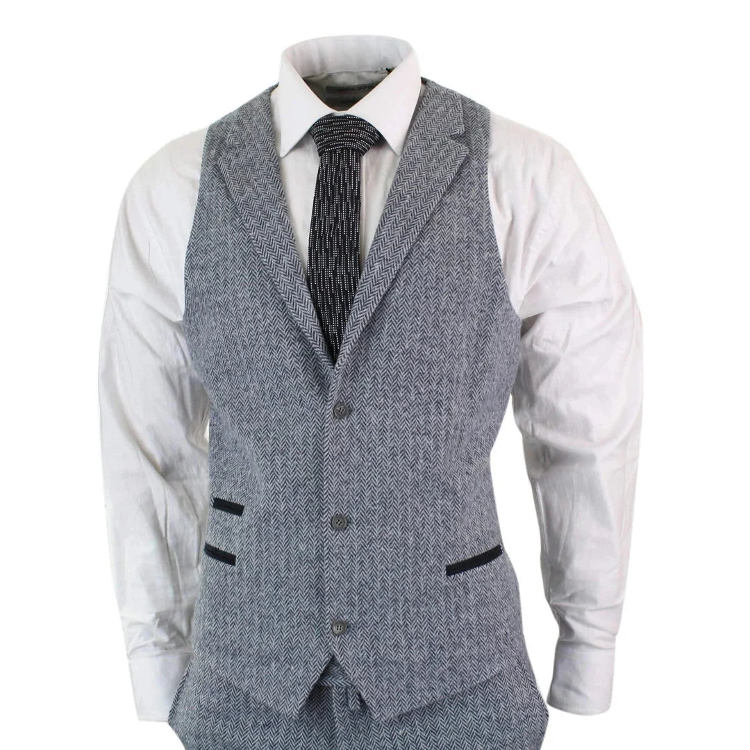 Men's Light Grey Herringbone Wool Tweed 3 Piece Suit
