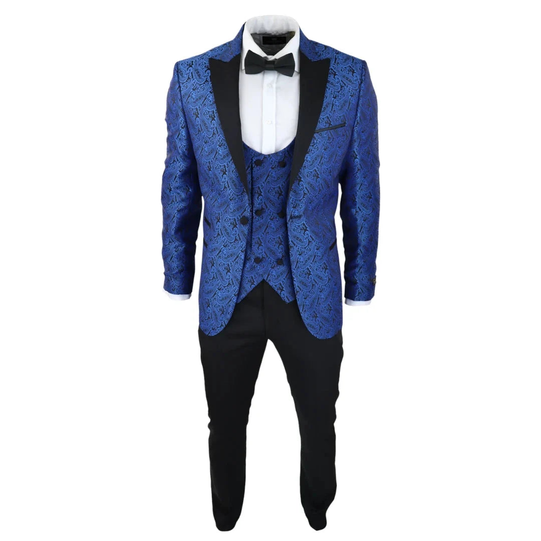 Men's Black Blue Paisley Tuxedo Blazer and Waistcoat Dinner Jacket