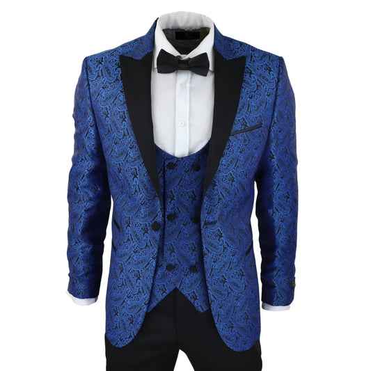 Men's Black Blue Paisley Tuxedo Blazer and Waistcoat Dinner Jacket