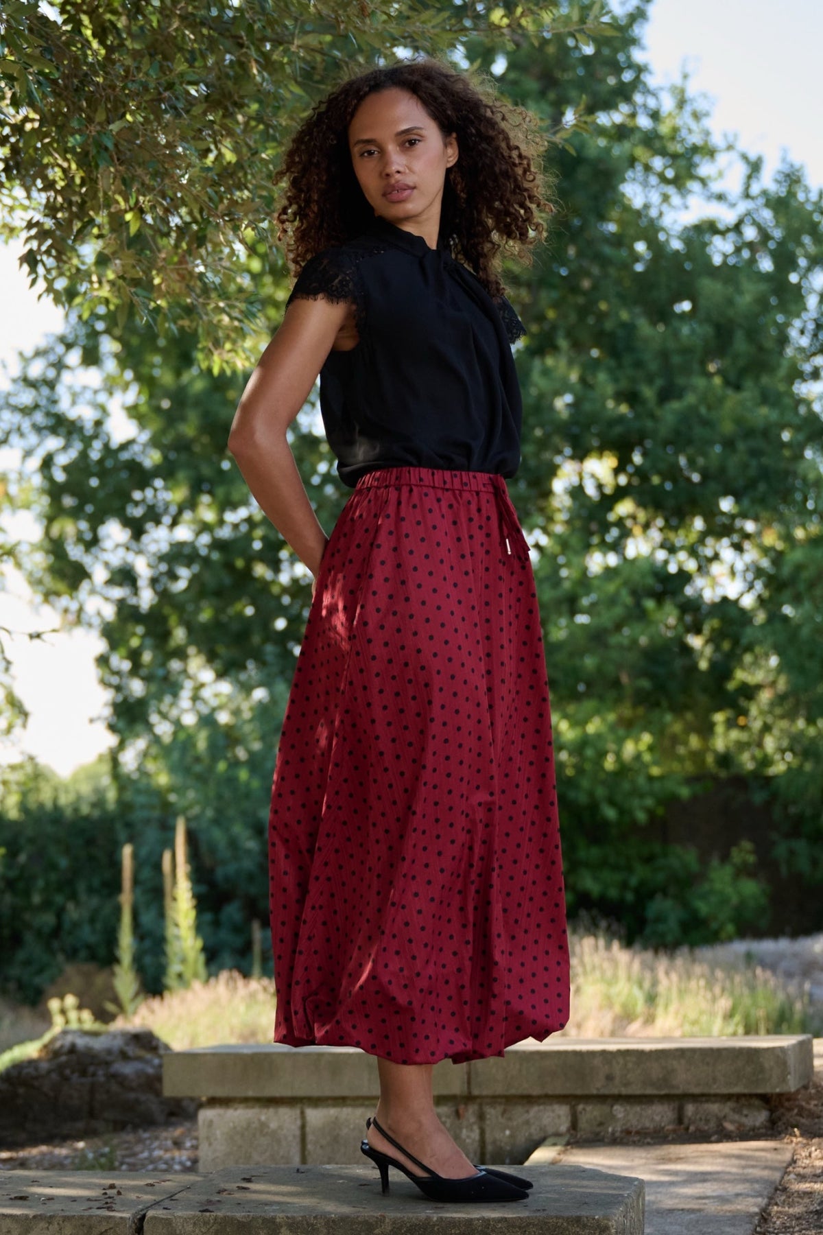 Dixie Spot Print Bubble Hem Midaxi Skirt - Wine