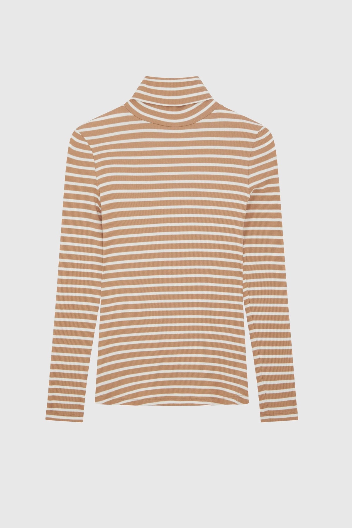 Striped turtleneck sweater on a light gray background