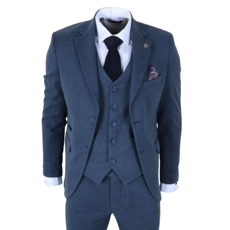Men's Blue 3 Piece Tweed Herringbone Suit by TruClothing