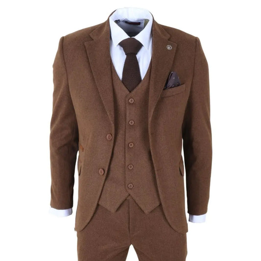 Men's Brown 3 Piece Tweed Herringbone Suit by TruClothing