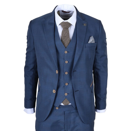 Men's Blue Check 3 Piece Tailored Fit Suit by TruClothing