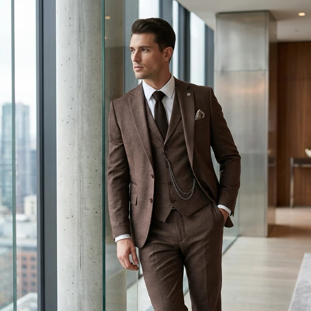 Men's Brown 3 Piece Prince of Wales Check Suit