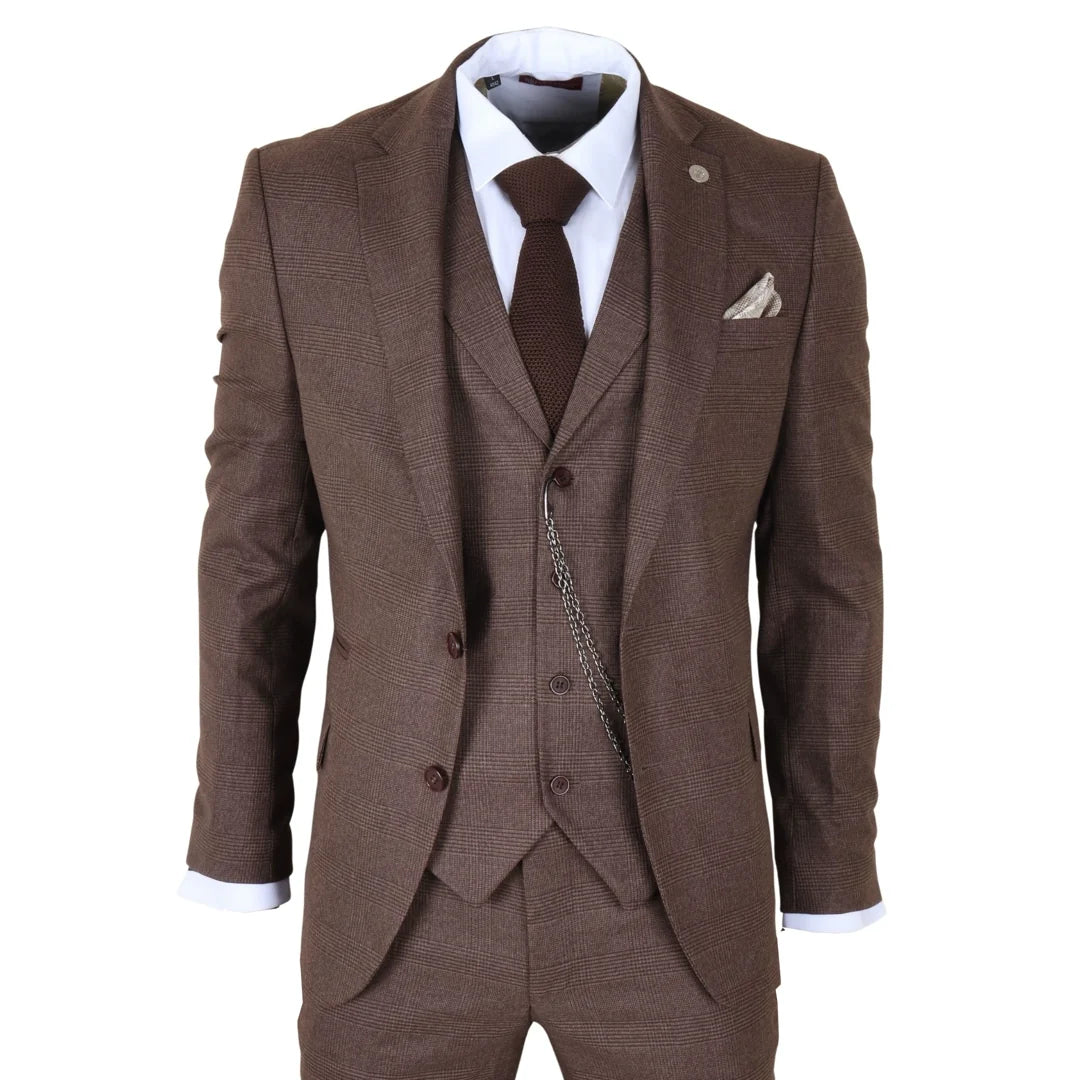 Men's Brown 3 Piece Prince of Wales Check Suit