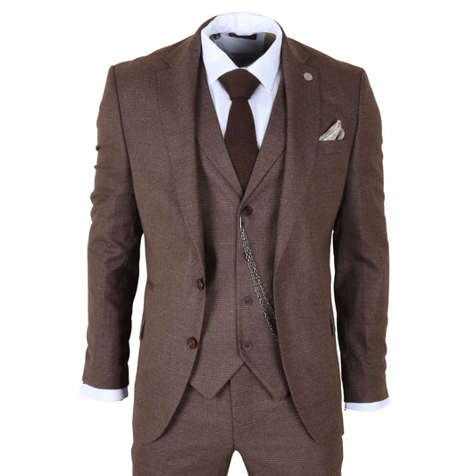 Men's Brown 3 Piece Prince of Wales Check Suit