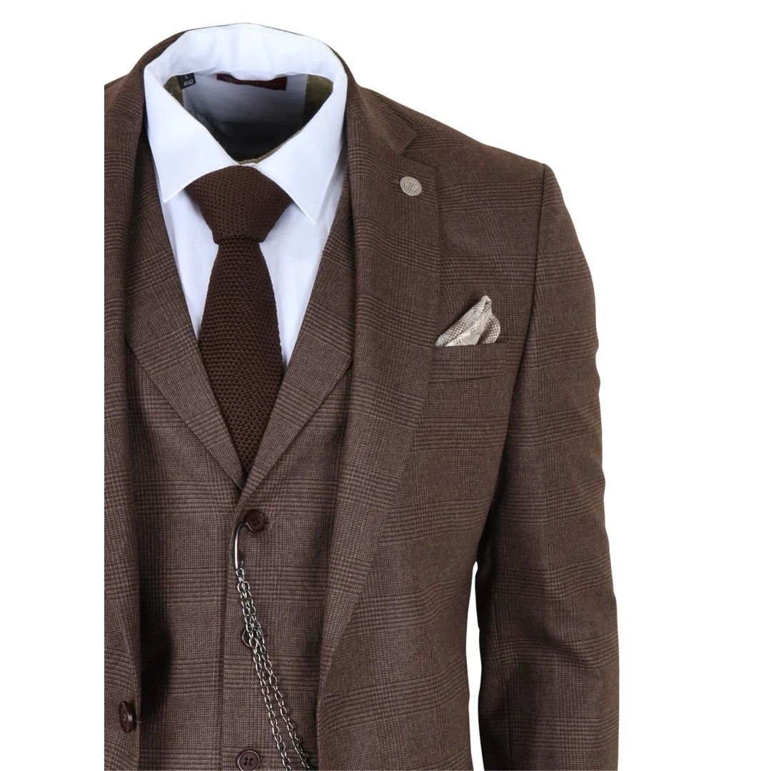 Men's Brown 3 Piece Prince of Wales Check Suit