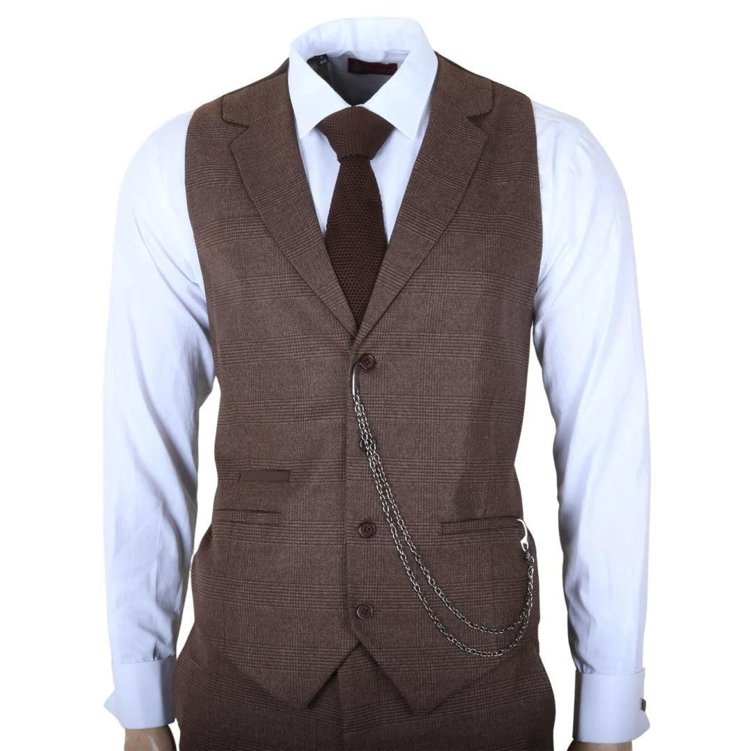 Men's Brown 3 Piece Prince of Wales Check Suit