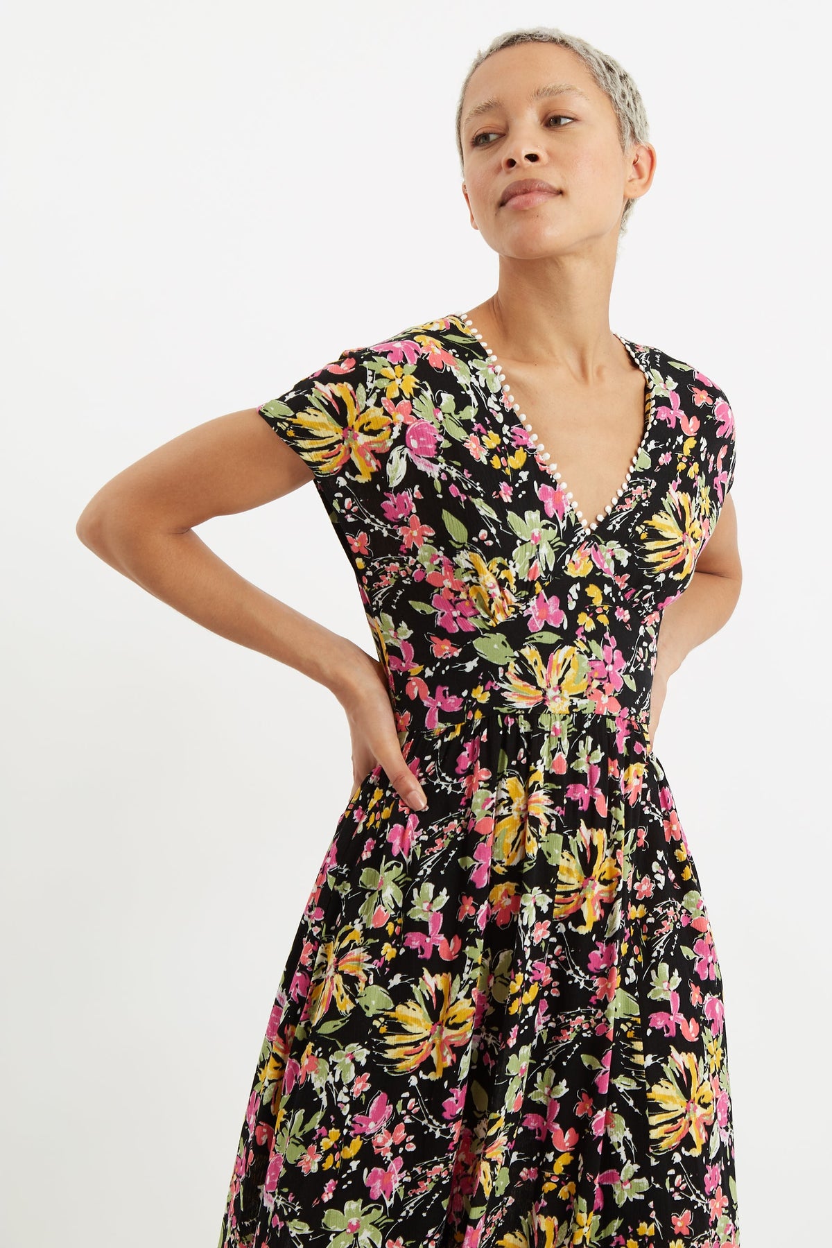 Louche Unity Flower Burst V-Neck Midi Dress