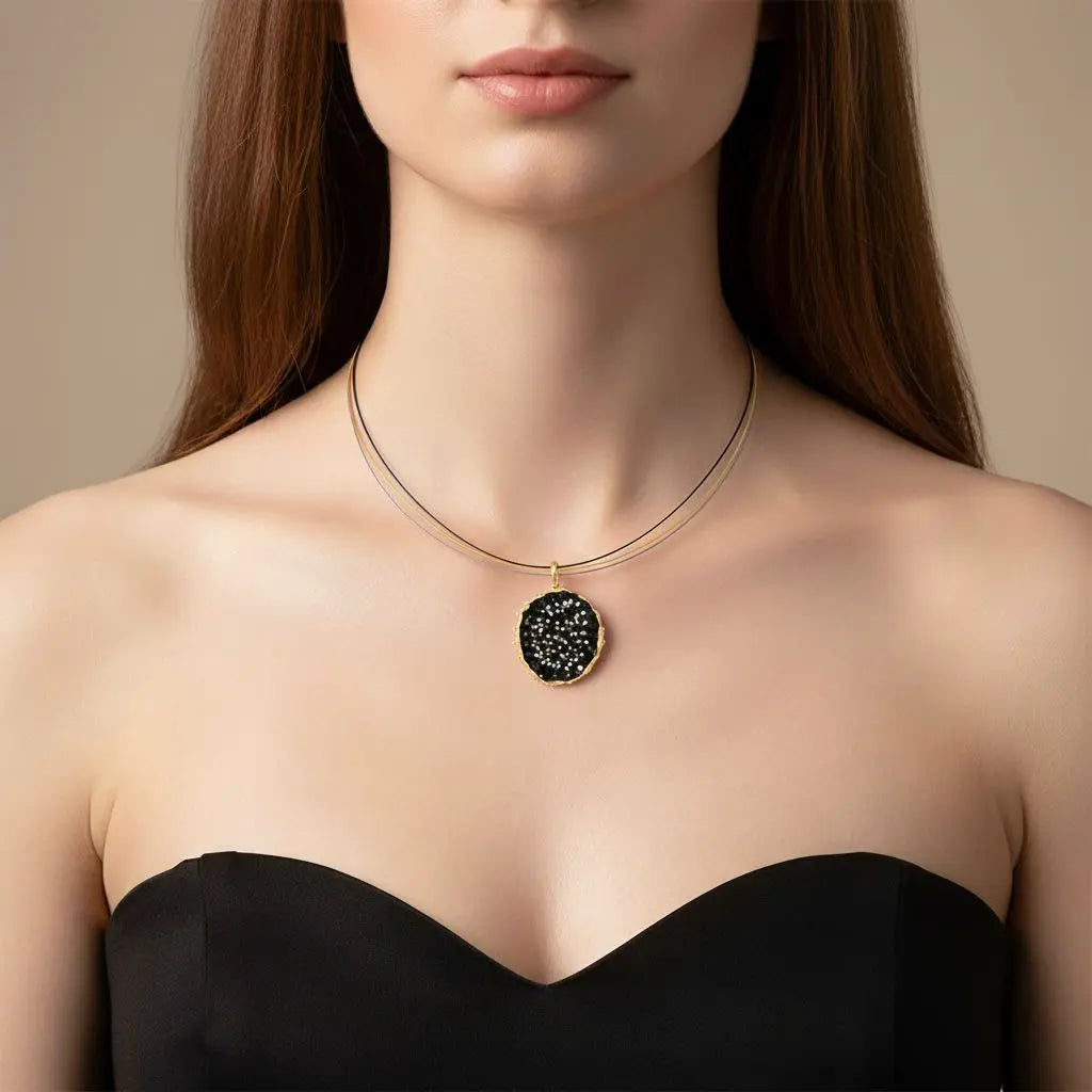 Esin Akan Dance of Stamens Midi Necklace in Gold Plated Silver with Black Spinel