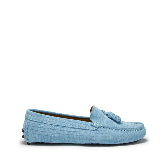 Hugs & Co. Women's Blue Embossed Suede Tasselled Driving Loafers