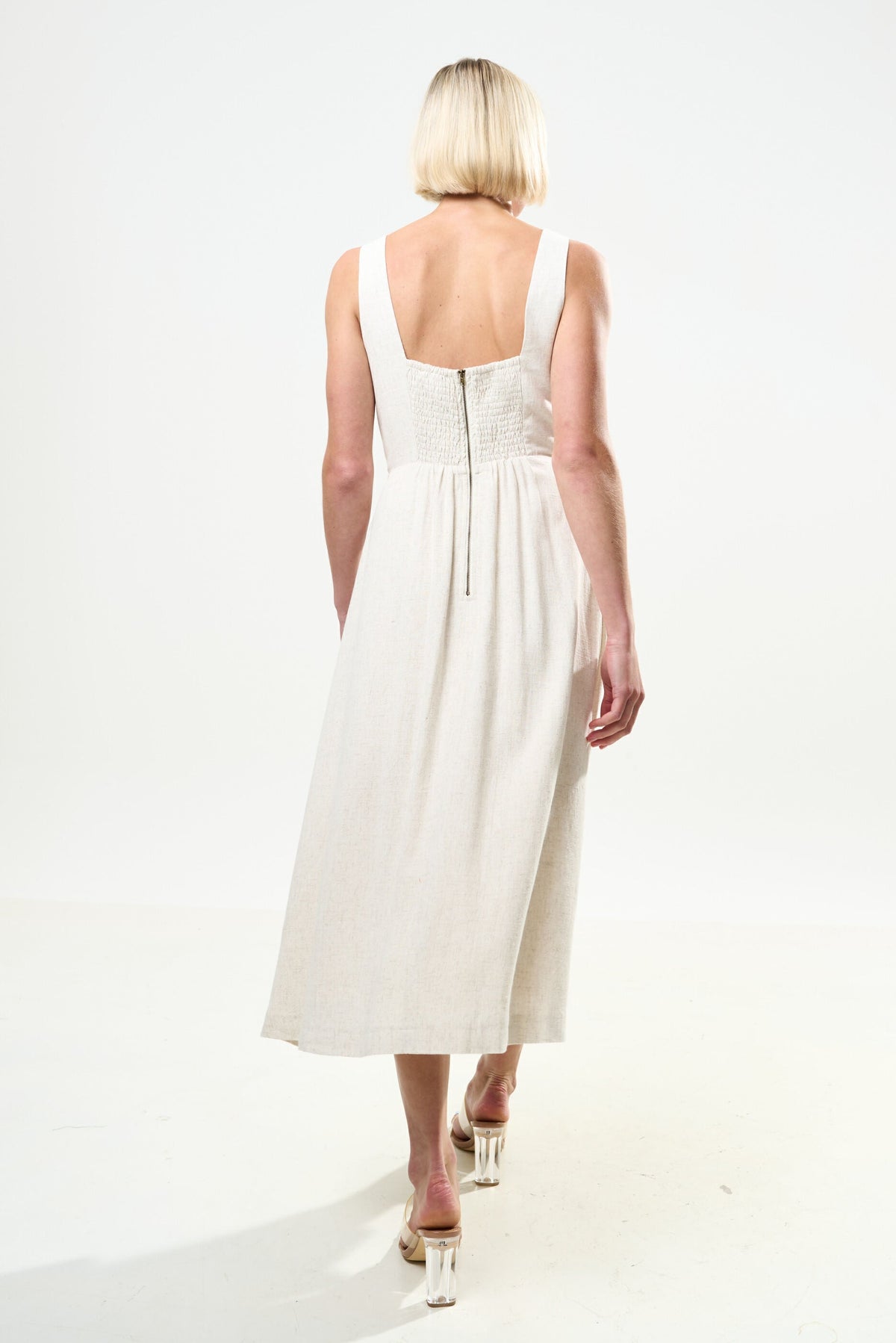 Baya Linen Mix Square Neck Midi Dress - Natural - Bascora