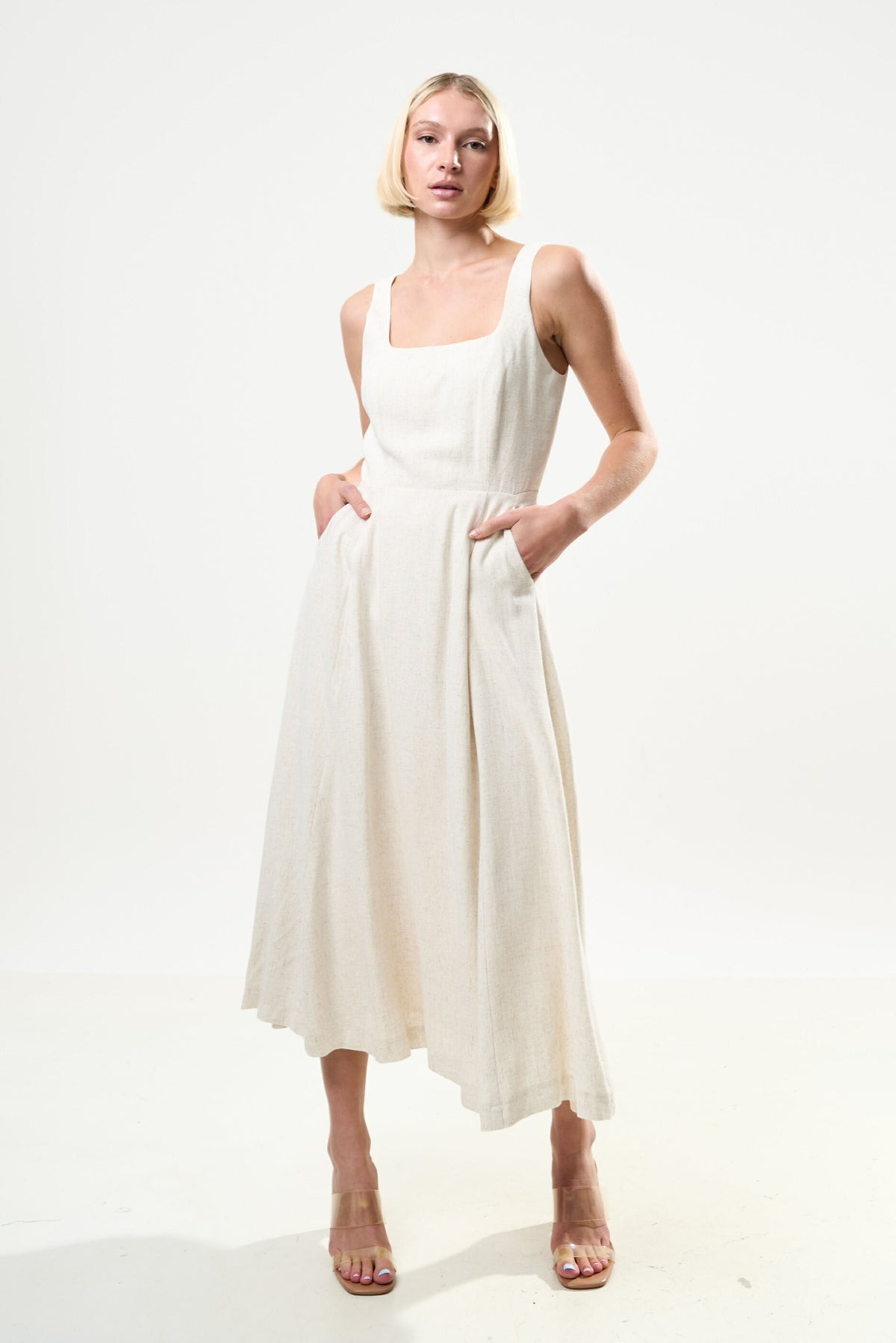 Baya Linen Mix Square Neck Midi Dress - Natural - Bascora
