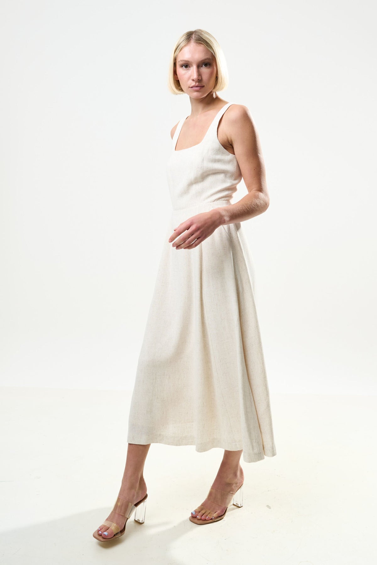 Baya Linen Mix Square Neck Midi Dress - Natural - Bascora