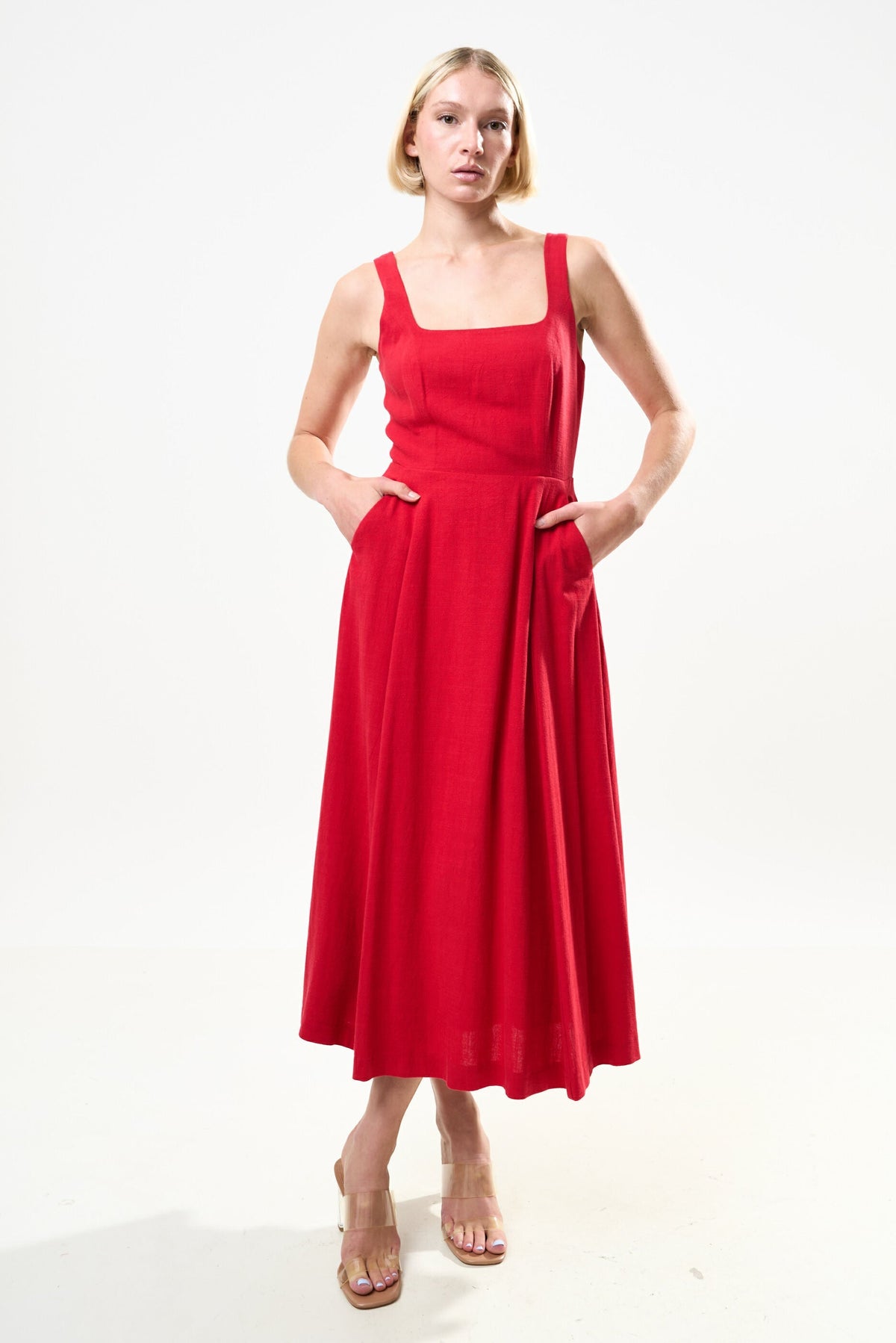 Baya Linen Mix Square Neck Midi Dress – Red - Bascora