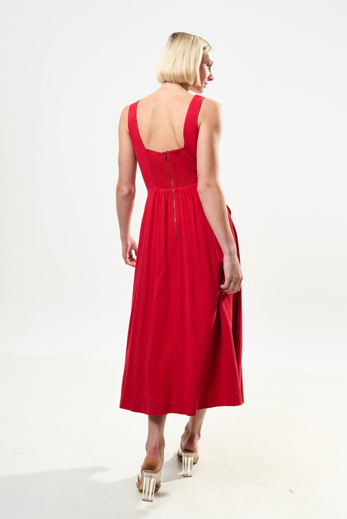 Baya Linen Mix Square Neck Midi Dress – Red - Bascora