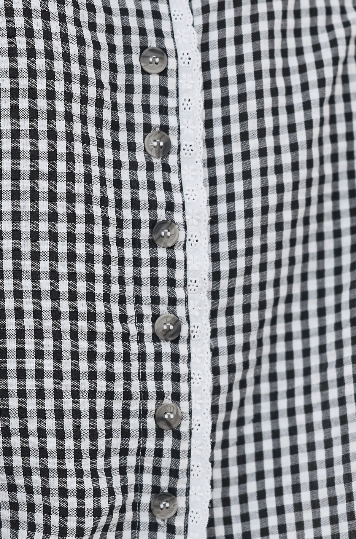 Black Gingham Cotton Top With Lace Trims - Bascora