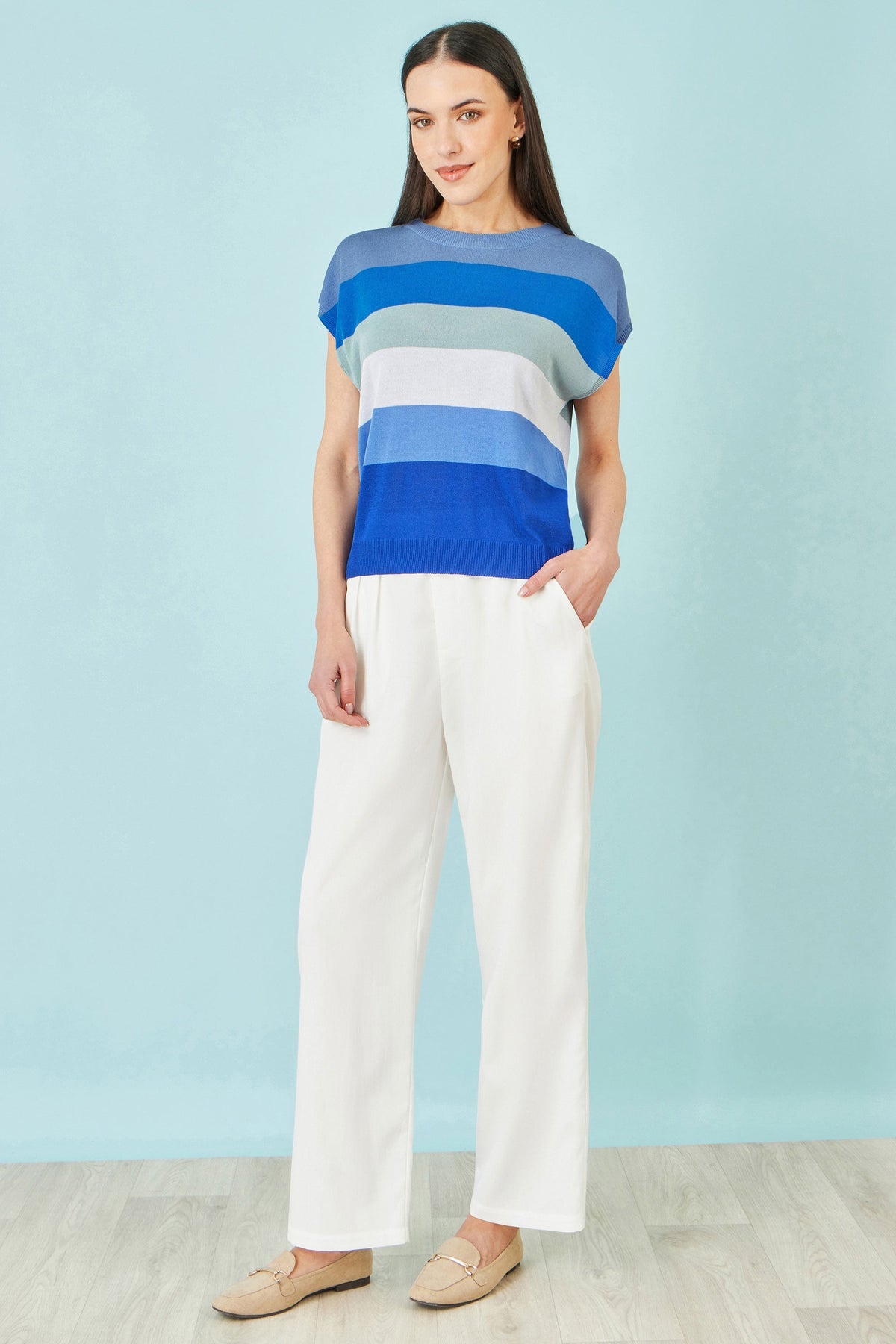 Blue Block Stripe Relaxed Knitted Top - Bascora