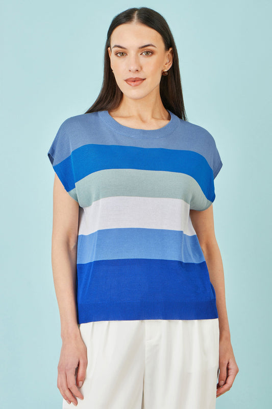 Blue Block Stripe Relaxed Knitted Top - Bascora