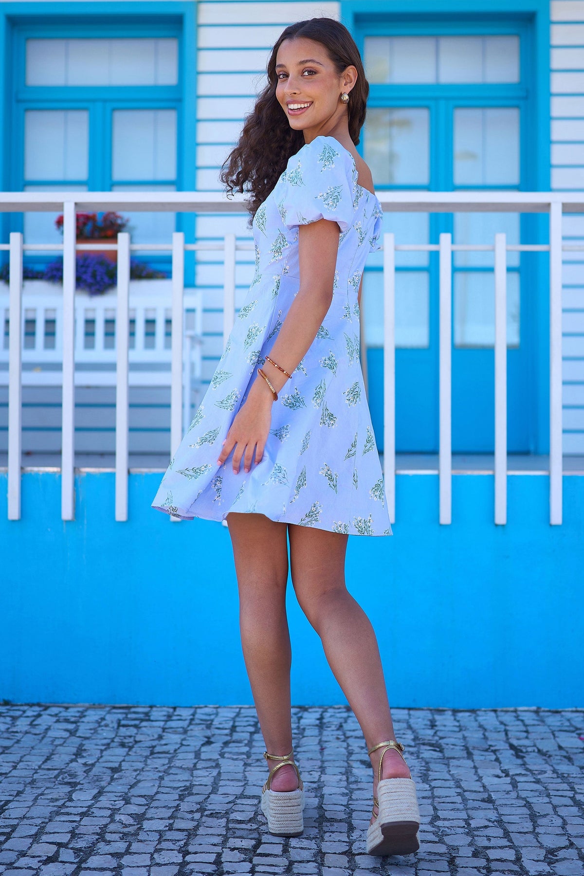 Blue Cotton Floral Puff Sleeve Skater Dress - Bascora