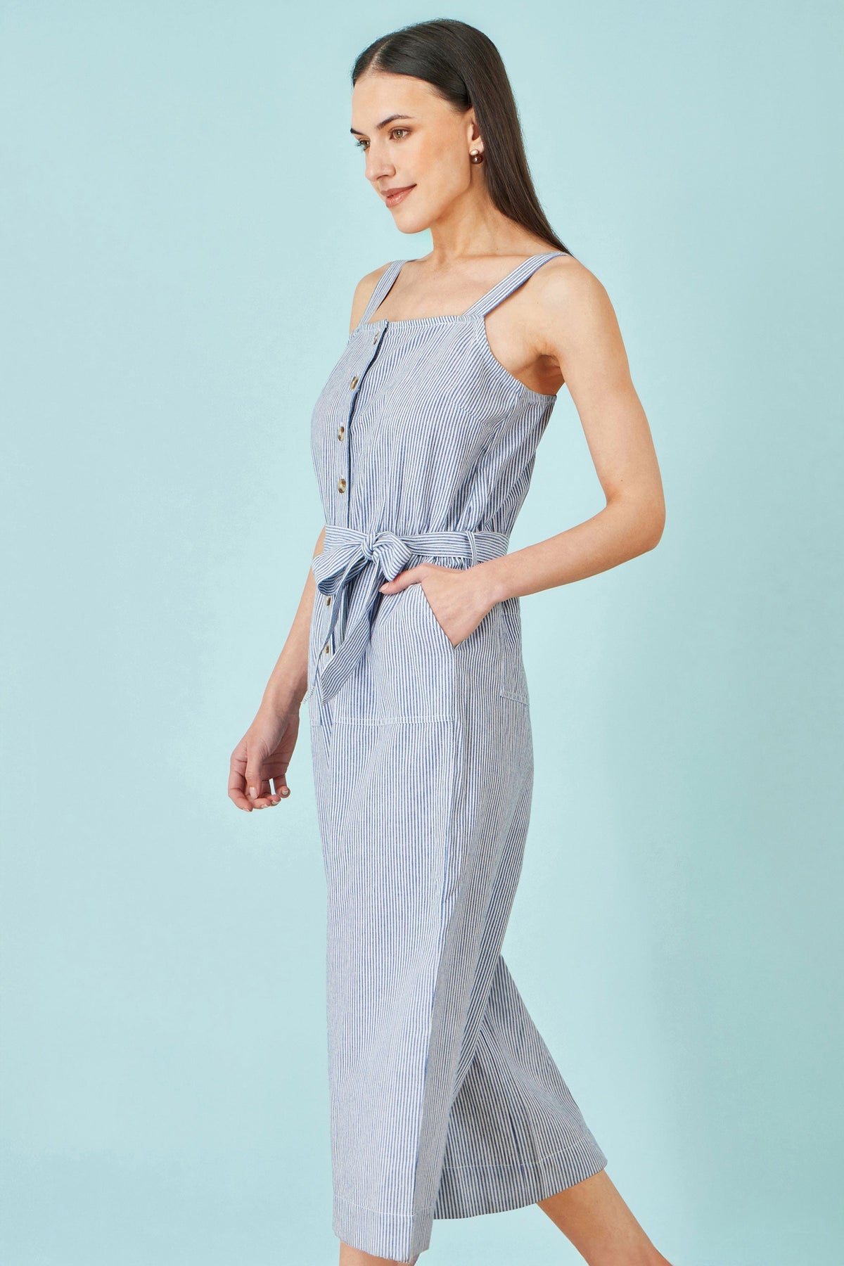Blue Cotton Stripe Button Through Jumpsuit - Bascora