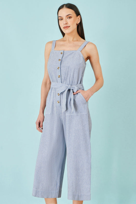 Blue Cotton Stripe Button Through Jumpsuit - Bascora