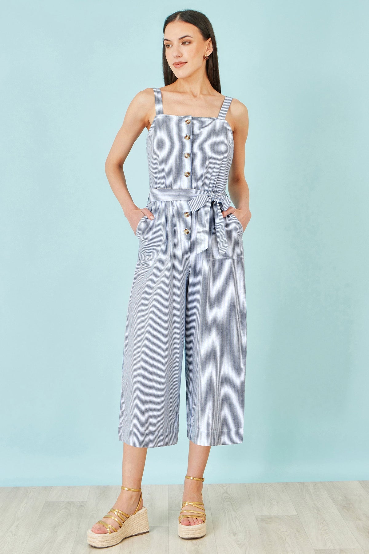 Blue Cotton Stripe Button Through Jumpsuit - Bascora
