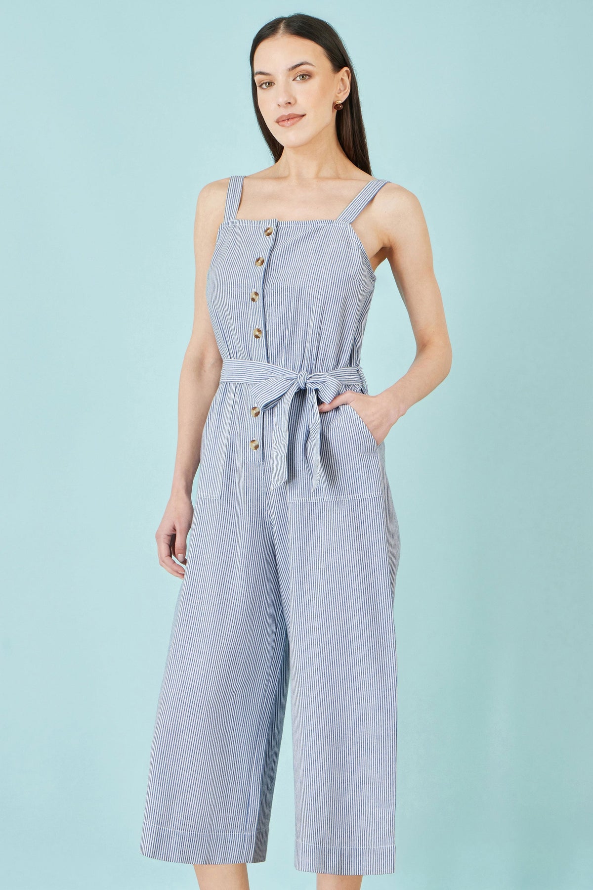 Blue Cotton Stripe Button Through Jumpsuit - Bascora