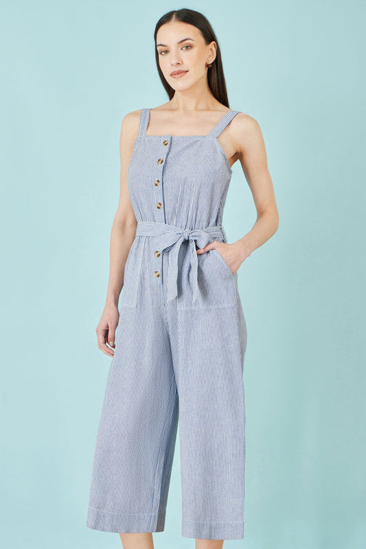 Blue Cotton Stripe Button Through Jumpsuit - Bascora