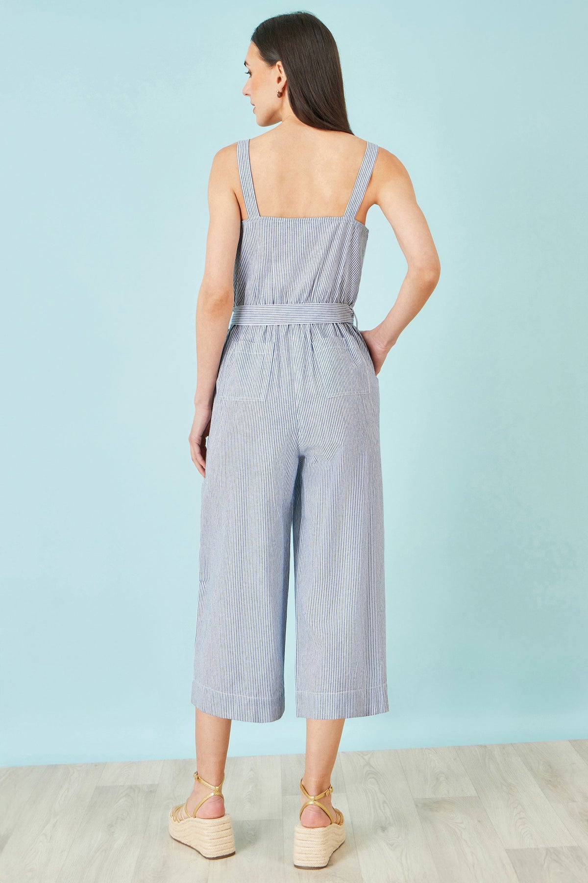Blue Cotton Stripe Button Through Jumpsuit - Bascora