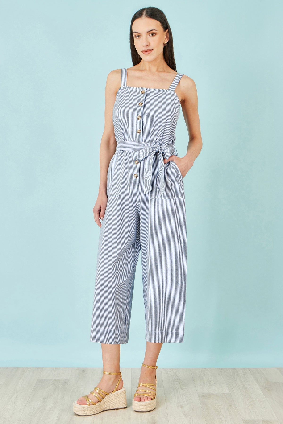 Blue Cotton Stripe Button Through Jumpsuit - Bascora