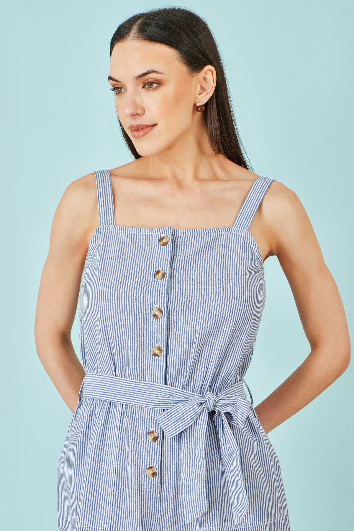 Blue Cotton Stripe Button Through Jumpsuit - Bascora