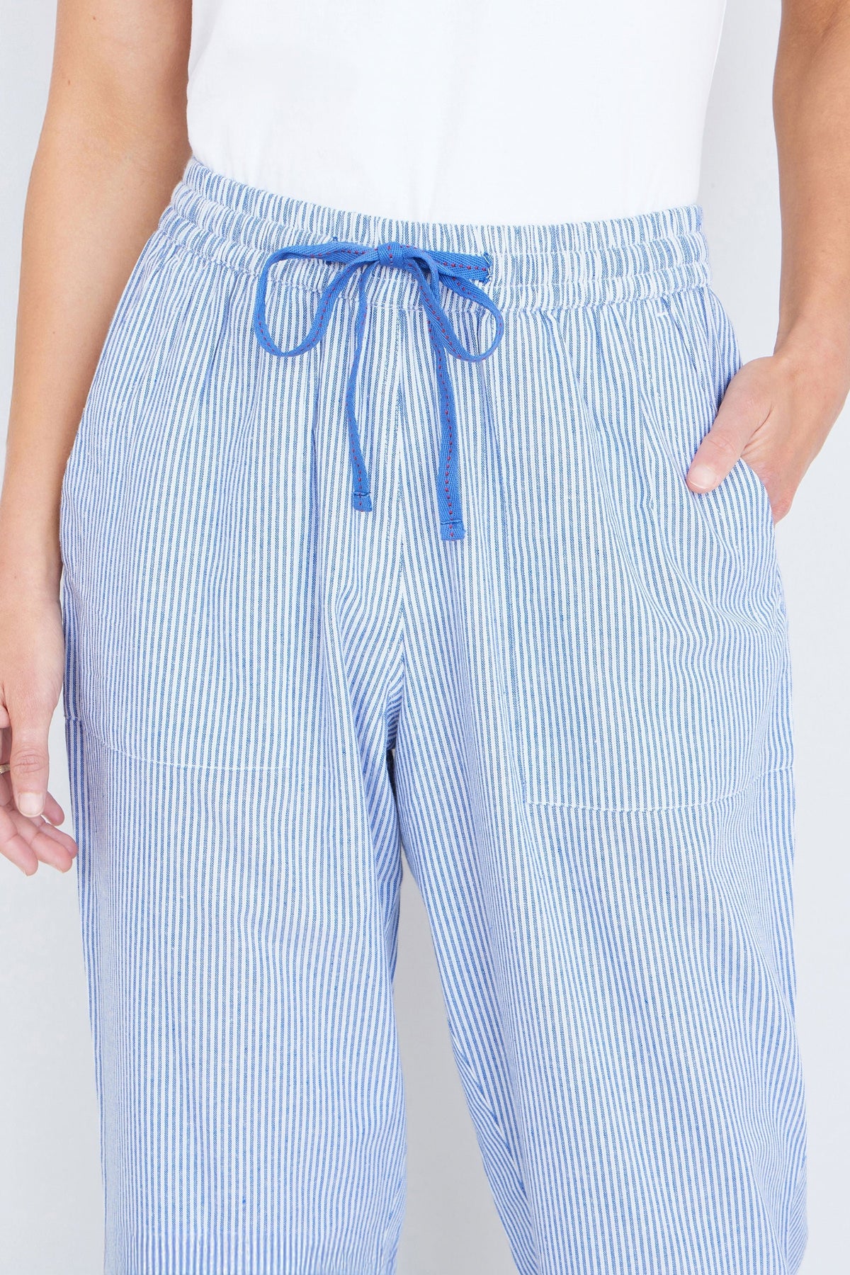 Blue Cotton Stripe Cropped Trousers - Bascora