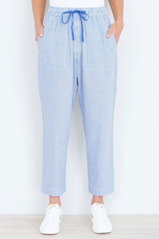 Blue Cotton Stripe Cropped Trousers - Bascora
