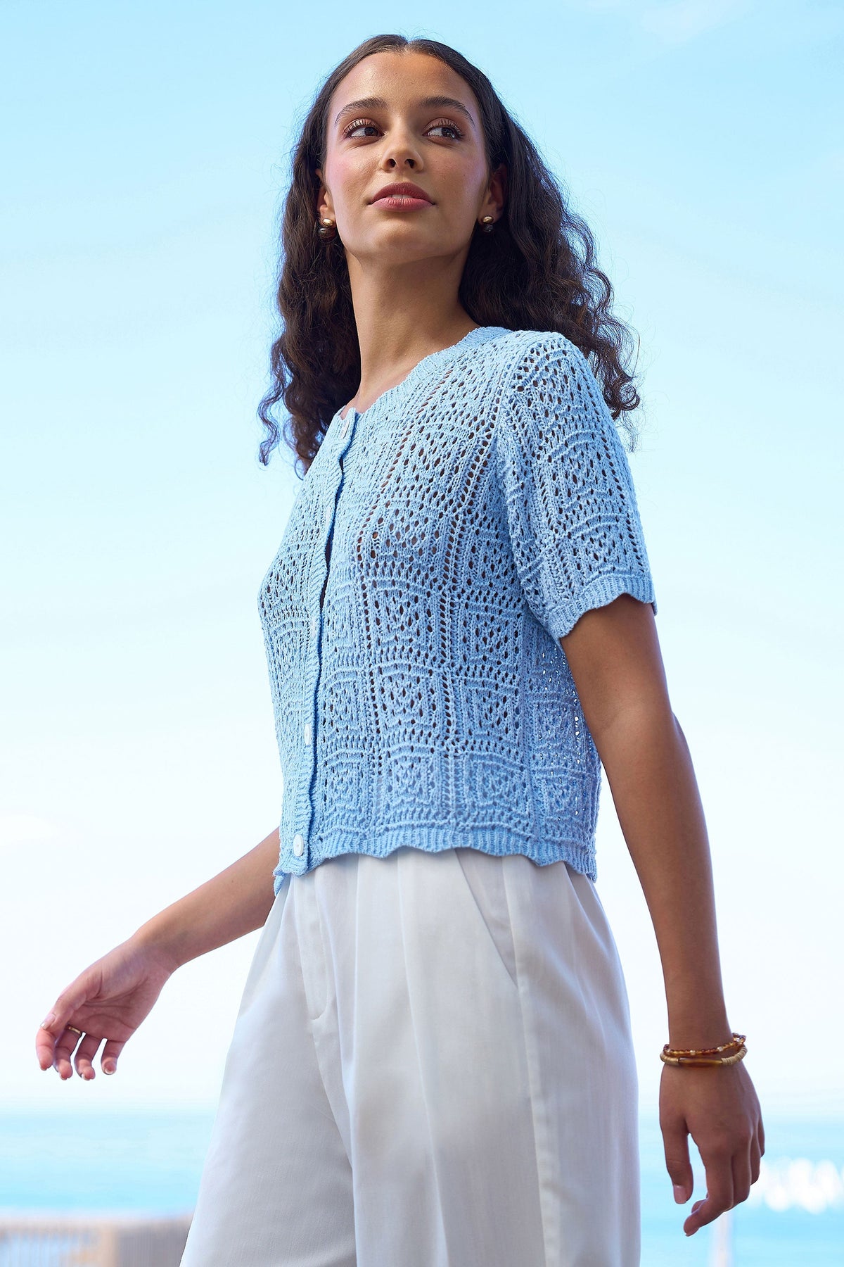 Blue Crochet Short Sleeve Cardigan - Bascora