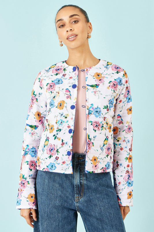 Blue Floral Embroidery Cotton Jacket - Bascora